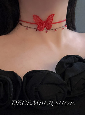 新款红色蝴蝶双层颈环颈带choker锁骨链配饰项链项圈脖子饰品