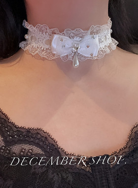 白色蕾丝蝴蝶结珍珠颈环颈带洛丽塔蕾丝花项圈颈饰拍照纯欲锁骨链