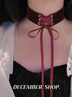 新品暗黑少女万圣节绑带颈链项链夸张choker酒红蝴蝶结锁骨链配饰