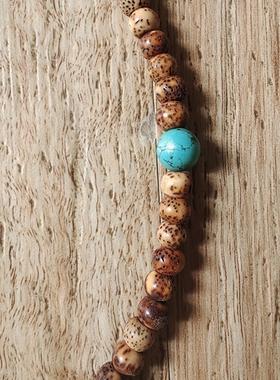 早期陈化老料星月菩提108颗老珠子+绿松石+合十木雕老佛珠 R.1571