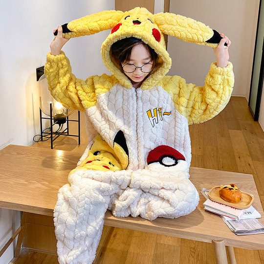 儿童睡衣男孩秋冬连体珊瑚绒女童加厚法兰绒宝宝卡通中大童家居服