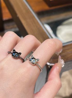 可爱猫咪戒指女款小众设计感甜美复古开口时尚个性ins对戒情侣款