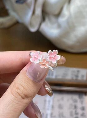 温柔粉樱渐变花朵开口可调节指环ins风日常百搭小众设计感戒指
