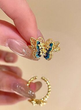 复古珐琅蝴蝶花朵开口戒指女轻奢小众设计感个性叠戴指环