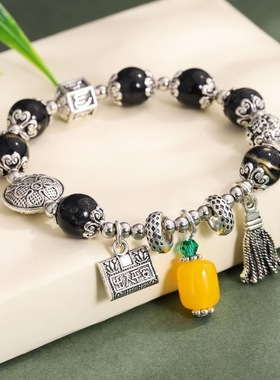 复古黑色串珠琉璃苏长命富贵平安锁招桃花祈福民族风手链手串