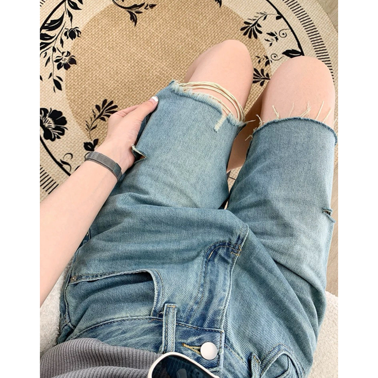 大碗plus定制大码女装微胖破洞毛边牛仔短裤夏高腰宽松显瘦五分裤,淘宝优惠券,粉丝福利购,淘宝优惠卷