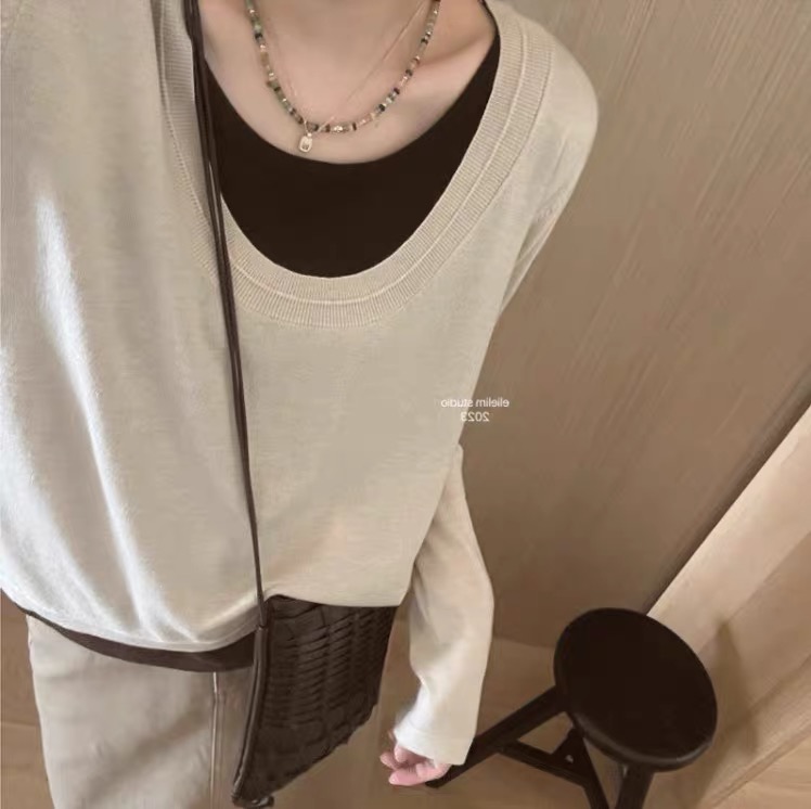 大碗plus定制大码女装微胖撞色假两件慵懒针织毛衣秋洋气显瘦上衣 - 图3