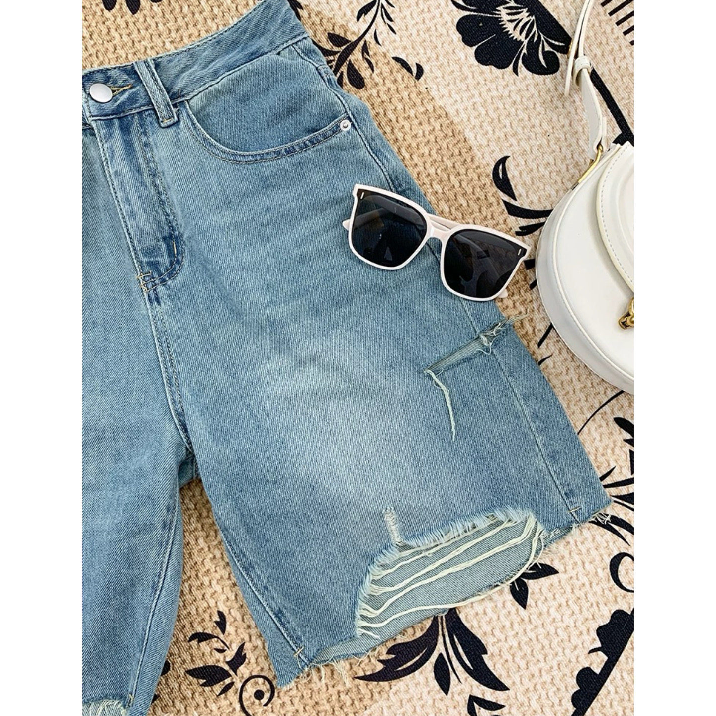 大碗plus定制大码女装微胖破洞毛边牛仔短裤夏高腰宽松显瘦五分裤,淘宝优惠券,粉丝福利购,淘宝优惠卷