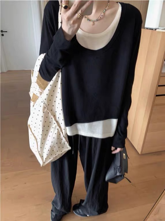 大碗plus定制大码女装微胖撞色假两件慵懒针织毛衣秋洋气显瘦上衣 - 图0