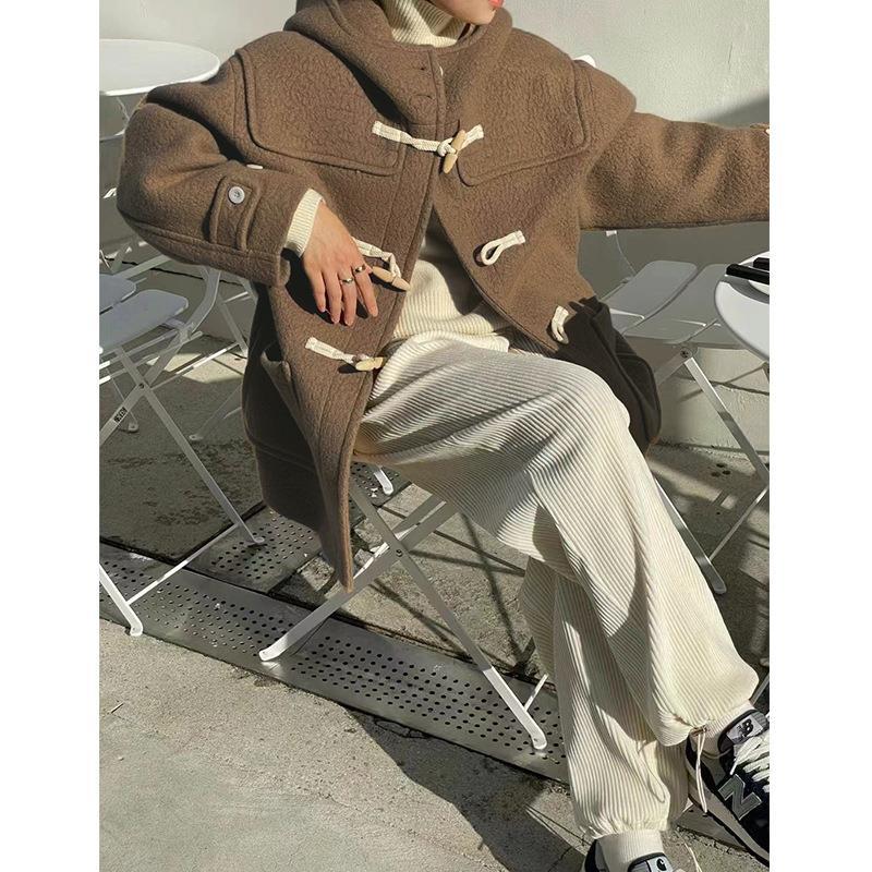 【现货】fletta bloom韩国减龄木质牛角扣连帽中长款羊毛毛呢大衣 - 图2