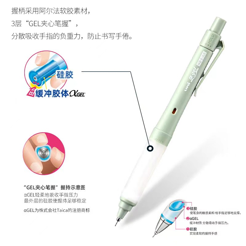 日本uni三菱自动铅笔M5-1009GG柔和色系防疲劳不断芯双模式自动铅笔KURUTOGA旋转模式HOLD模式学生0.5进口 - 图2