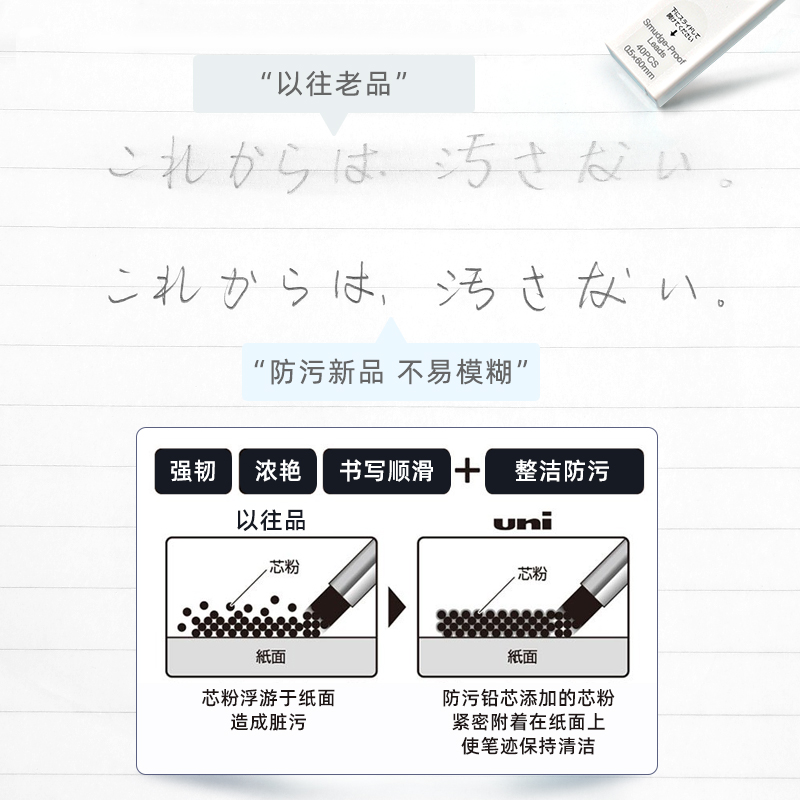 日本UNI三菱UL-S防蹭脏铅芯Smudge Proof浓黑不晕染防污替芯0.5自动铅芯0.3/0.7不易断活动铅笔芯2b/2h/hb