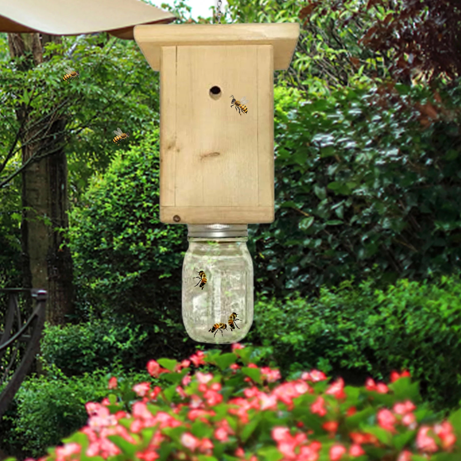 黄蜂蜜蜂诱捕器木制飞虫蜜蜂诱捕器 Wooden Carpenter Bee Trap - 图0