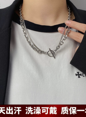 欧美ins个性OT扣项链男女简约双层叠戴素圈链条时尚短款卫衣链