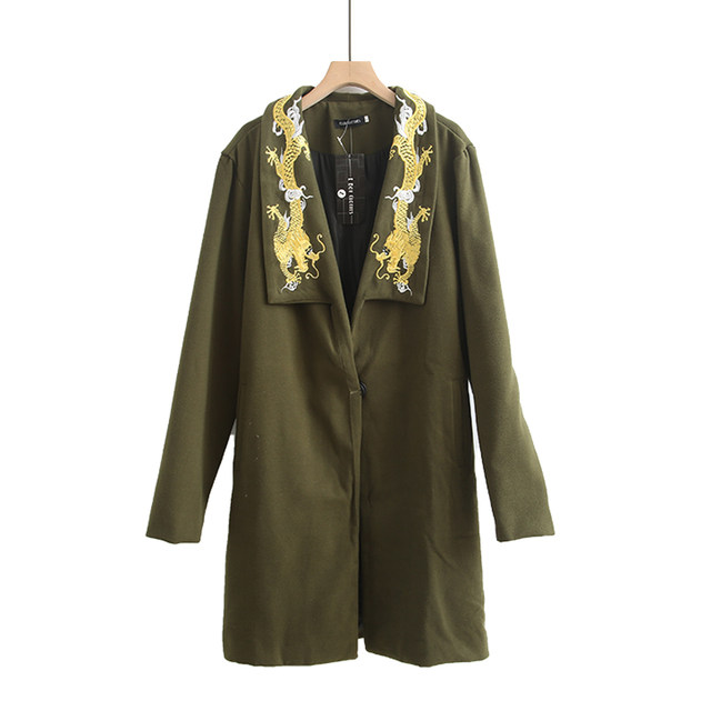 Gold Dragon embroidered lapel windbreaker mid-length loose men and women's jacket large size single button wool coat jacket cape