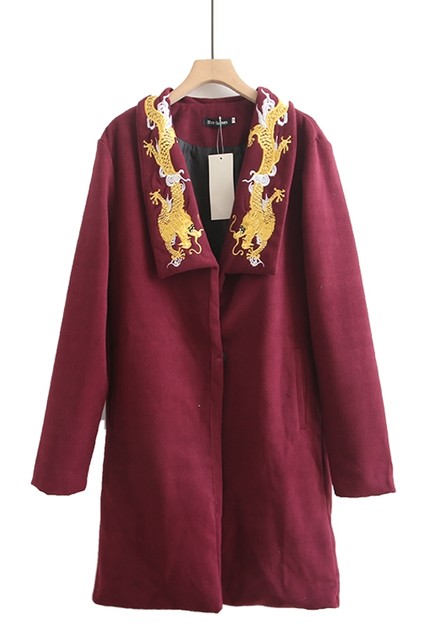 Gold Dragon embroidered lapel windbreaker mid-length loose men and women's jacket large size single button wool coat jacket cape