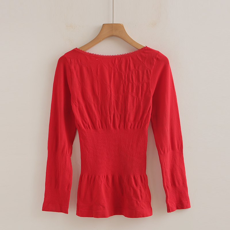 保暖内衣女蕾丝V领打底衫红色上衣修身长袖紧身单件内穿秋