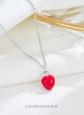 ins小众气质饰品s925纯银迷你红色豆豆爱心项链韩系个性锁骨链女
