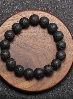 天然原矿火山岩手串大颗霸气复古黑色火山石手链男女单圈10mm