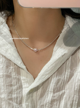 秋十一Acc 精致粉色小方糖钻钻吊坠小米珠项链