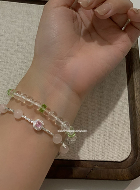 秋十一Acc 精致少女粉色小方糖碎银子珠珠手链