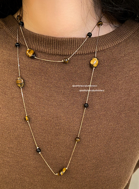 美拉德色系毛衣链虎眼石玛瑙项链