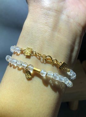 东海白水晶手链女双圈层纯银福牌4m小方糖刻面设计款天然手串礼物