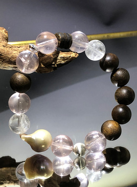 天然粉水晶手链女巴洛克珍珠白雪花幽灵纯银沉香木手串送女友礼物