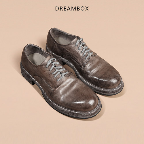 DREAMBOX钧博新款马皮复古休闲皮鞋重水洗手工固特异男士德比鞋 - 图2