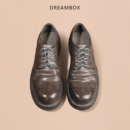 DREAMBOX钧博新款马皮复古休闲皮鞋重水洗手工固特异男士德比鞋 - 图3