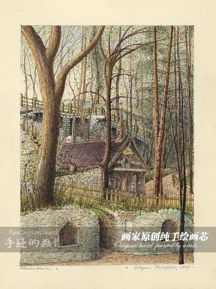 德国1947年手绘画家原创铅笔蜡笔淡彩画原作 高格调装饰挂画 树林 - 图0