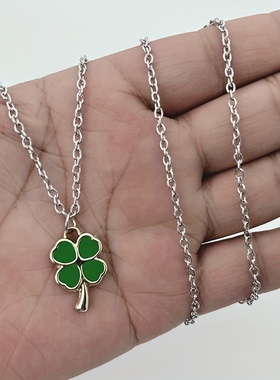 清新简约四叶草猫眼石项链小众女生闺蜜滴油绿色幸运草吊坠锁骨链