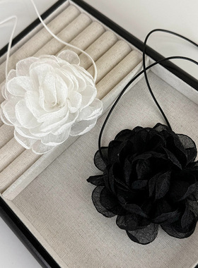 欧美跨境立体山茶花复古抽拉choker布艺颈链简约蜡线丝带流苏项链