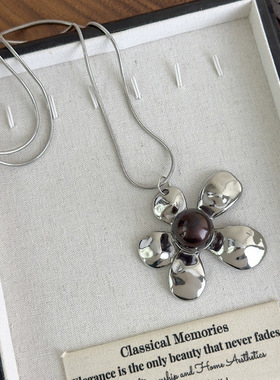 复古做旧夸张大花朵项链重工斑驳金属长款毛衣链百搭小众时尚配饰