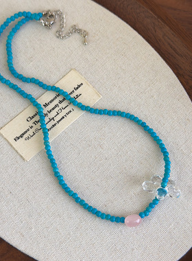 夏日多巴胺清爽花朵蓝色串珠项链百搭ins锁骨链显白韩系小众颈链