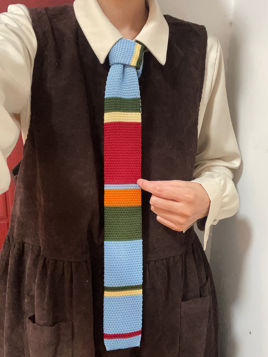 MIMI撞色蓝红黄橙墨绿横条纹五彩领带女手打款毛线针织休闲学院风,淘宝优惠券,粉丝福利购,淘宝优惠卷