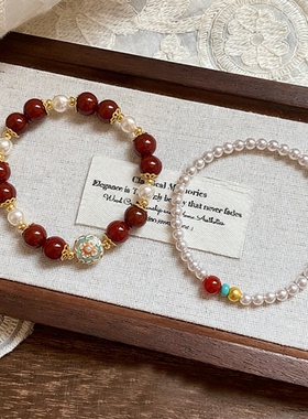 天然红玛瑙绿松石珍珠手链女轻奢小众高级感手串叠戴时尚串珠手饰