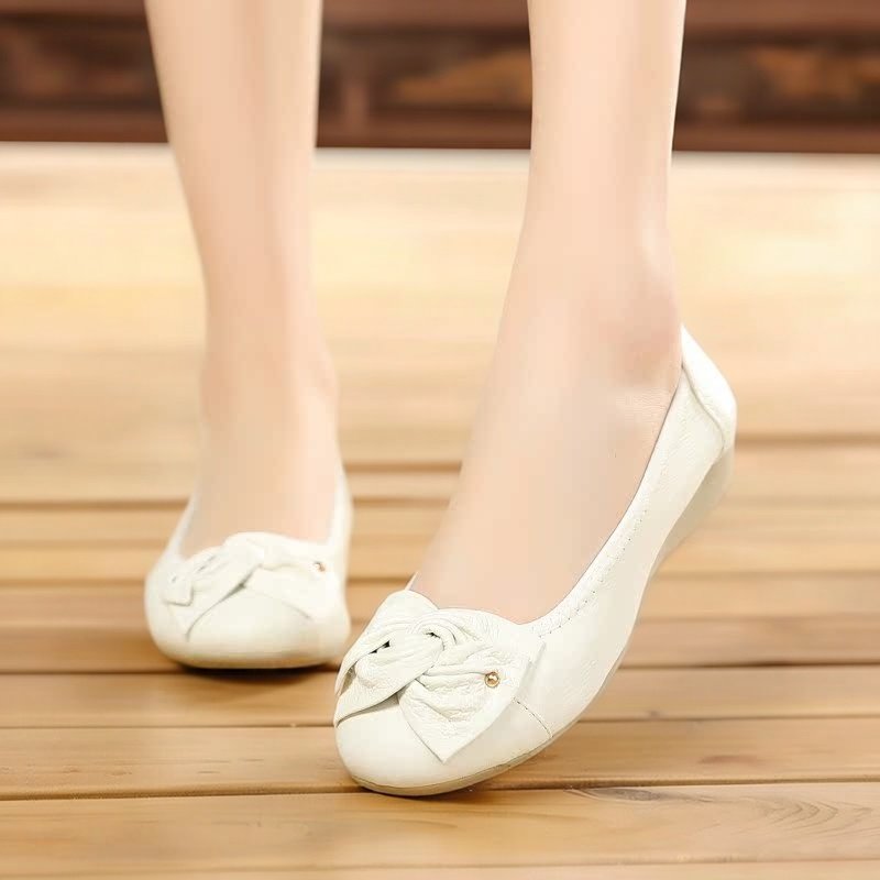 休闲真皮平底浅口单鞋女蝴蝶结软底舒适妈妈鞋圆头不挤脚女豆豆鞋,淘宝优惠券,粉丝福利购,淘宝优惠卷