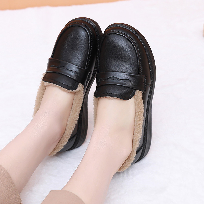 真皮加绒乐福鞋女鞋平底防滑中老年鞋冬季一脚蹬小皮鞋工作女棉鞋,淘宝优惠券,粉丝福利购,淘宝优惠卷