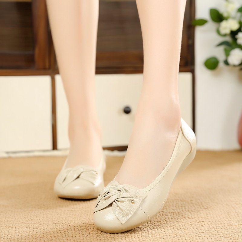 休闲真皮平底浅口单鞋女蝴蝶结软底舒适妈妈鞋圆头不挤脚女豆豆鞋,淘宝优惠券,粉丝福利购,淘宝优惠卷
