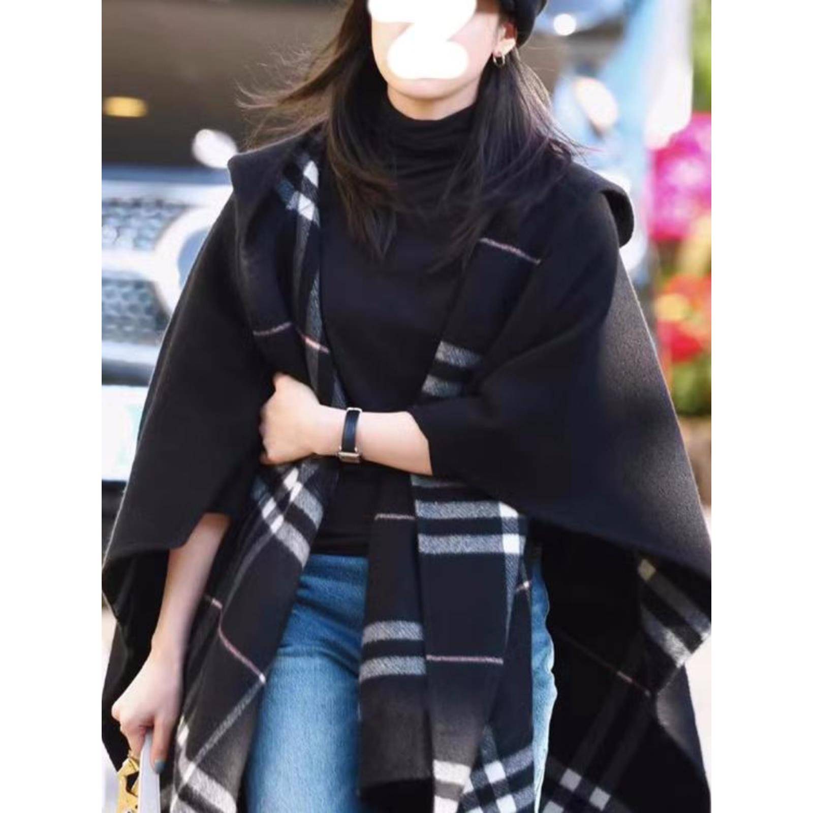 张婧仪同款小香风高级感黑色格纹连帽斗篷披肩毛呢外套女秋冬大衣 - 图1