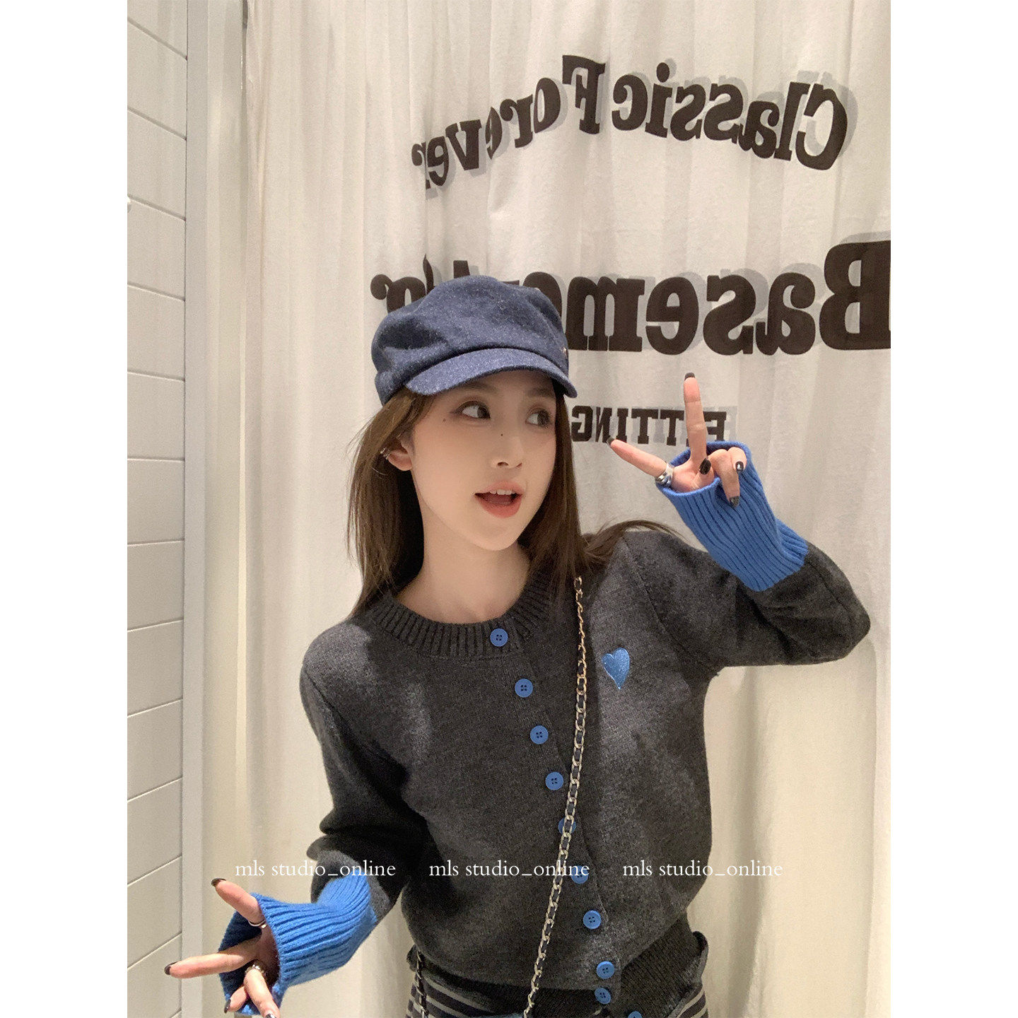 MLS 温柔少女感 撞色圆领短款针织衫女秋季小香风韩系开衫毛衣,淘宝优惠券,粉丝福利购,淘宝优惠卷