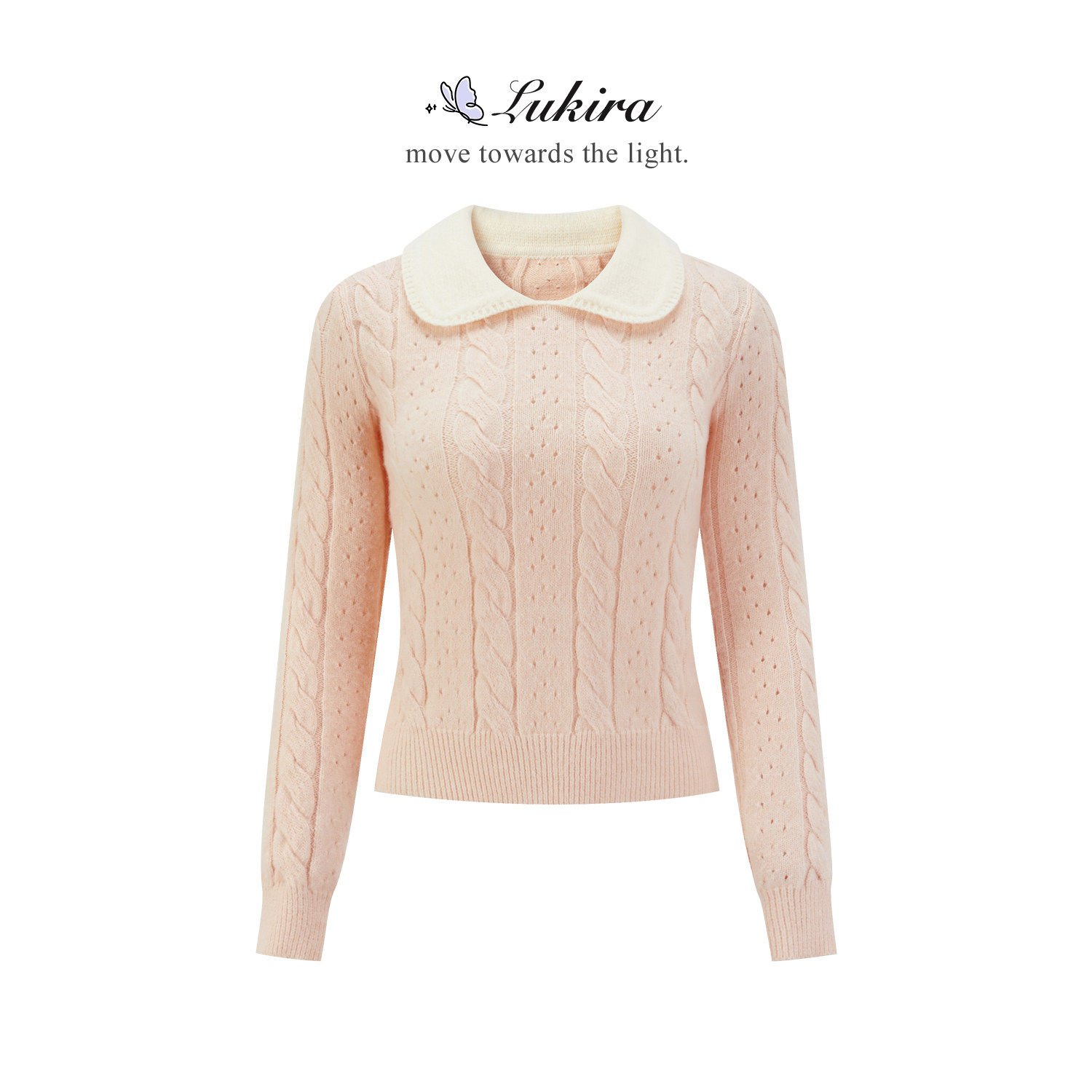 Lukira【冬日美奈】粉色娃娃领麻花毛衣针织衫女秋冬内搭修身上衣,淘宝优惠券,粉丝福利购,淘宝优惠卷