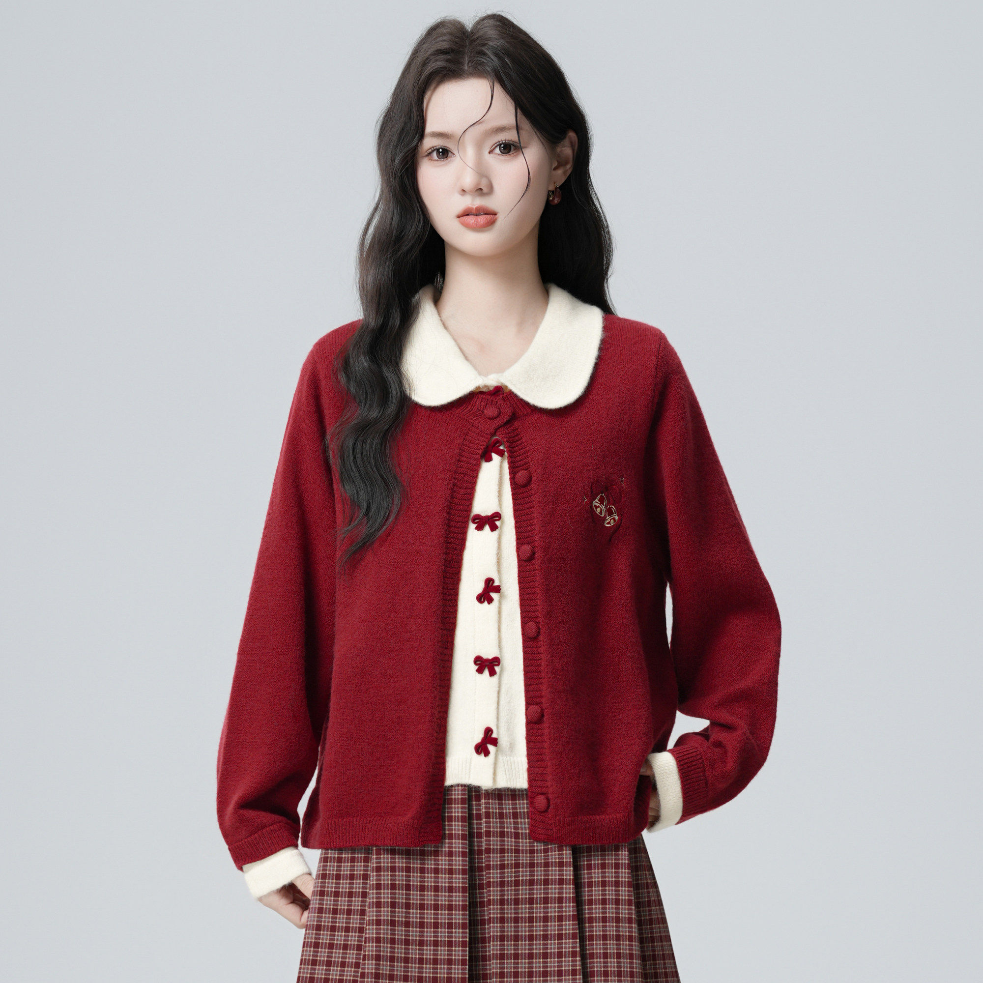 新年红色假两件翻领毛衣外套女2025秋冬新款蝴蝶结针织开衫短上衣,淘宝优惠券,粉丝福利购,淘宝优惠卷