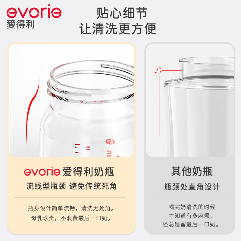 evorie爱得利玻璃奶瓶新生婴儿0到6个月防呛防胀气初生小奶瓶套装