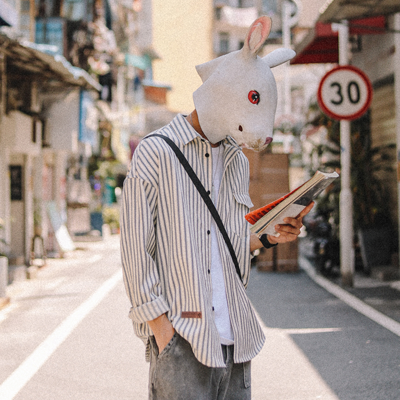 兔先森春秋季复古竖条纹衬衫小清新男生长袖衬衣撞色潮流上衣寸衫-图0