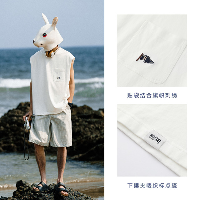 Rabbit Xian Mori Summer Basic Motorcycle, Breath, Cool Patching Bag Embroidery Sleeveless Vests Men's Circle Sports Sweat Vest T -shirt