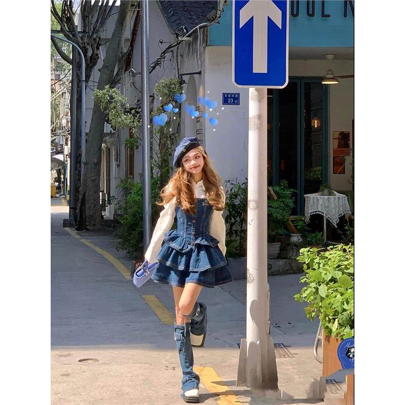 新款甜美满烫钻衬衫复古蓝牛仔连身裙吊带收腰蓬蓬连衣裙两件套,淘宝优惠券,粉丝福利购,淘宝优惠卷