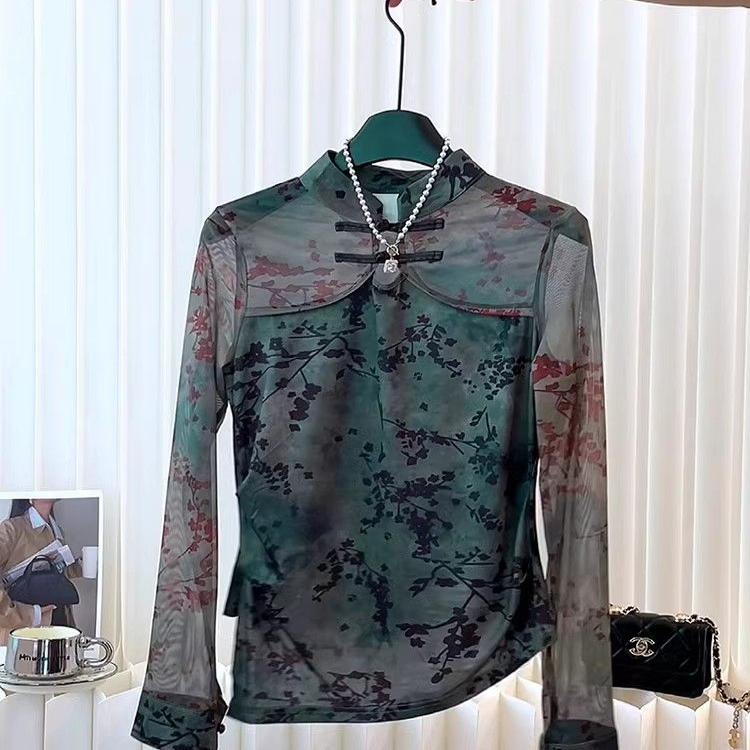 新中式复古风盘扣印花立领长袖衬衫女春季新款不规则修身显瘦上衣 - 图1