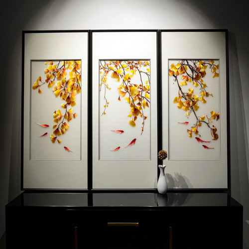新中式客厅装饰画三联苏绣成品挂画沙发背景墙手工绣刺绣银杏九鱼 - 图0
